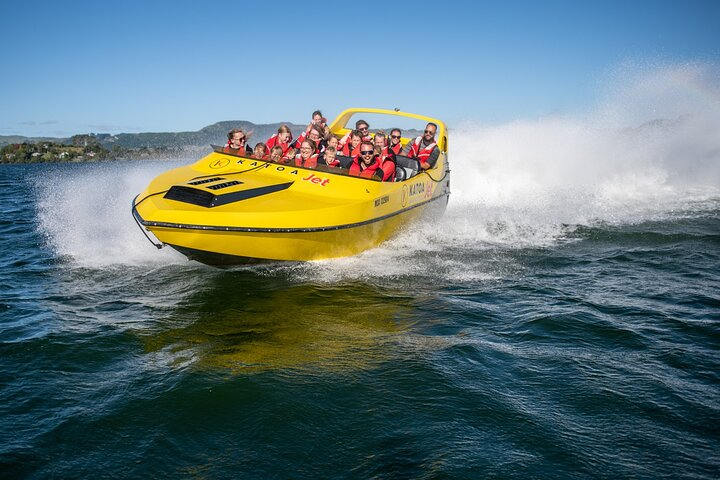 Experience the rush on Lake Rotorua as the powerful Katoa Jet boat glides through stunning scenery visiting historic landmarks while ensuring fun for families and friends alike.